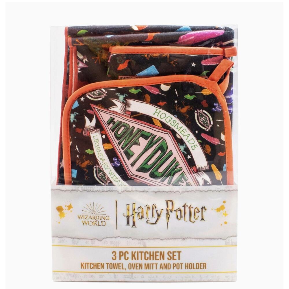 Rare Harry Potter HOGSMEADE 3 Pc Kitchen Set Towel/Mitt/Pot Holder NEW